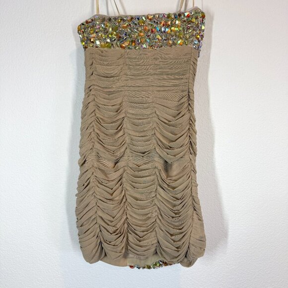 La Femme Strapless Beaded Cocktail Dress Nude Gold Ruched Mini Y2K 8 - Picture 4 of 10
